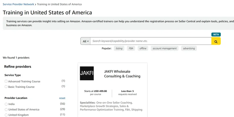 Amazon Service Provider Network search showing one Training provider result for the US: JAKFI