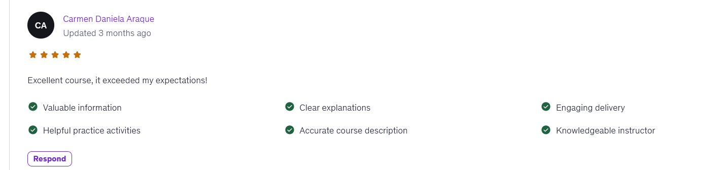 Student review from Carmen Daniela Araque: excellent course, it exceeded my expectations
