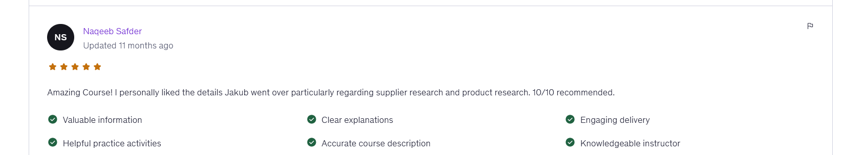 Student review: liked the details on supplier research and product research