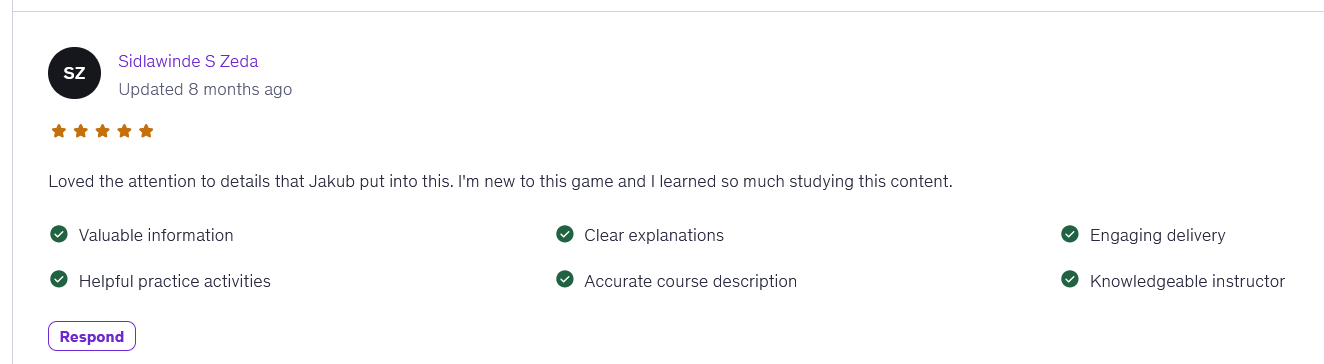 Student review from Sidlawinde S Zeda: I'm new to this game and I learned so much studying this content